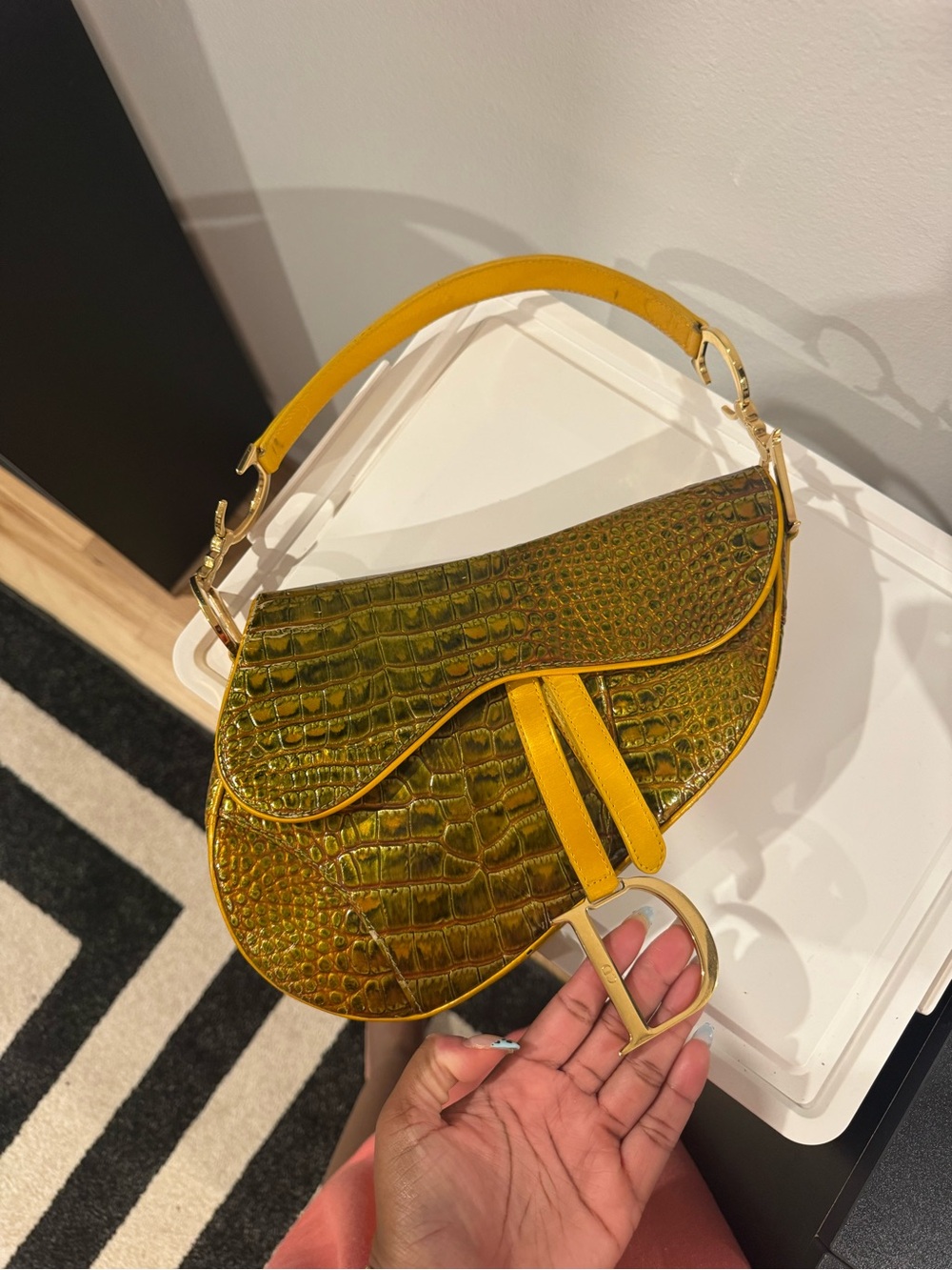 Rare Vintage Dior Saddle Bag with Yellow Croc-Embossed and Gold Hardware - Picture 4 of 16